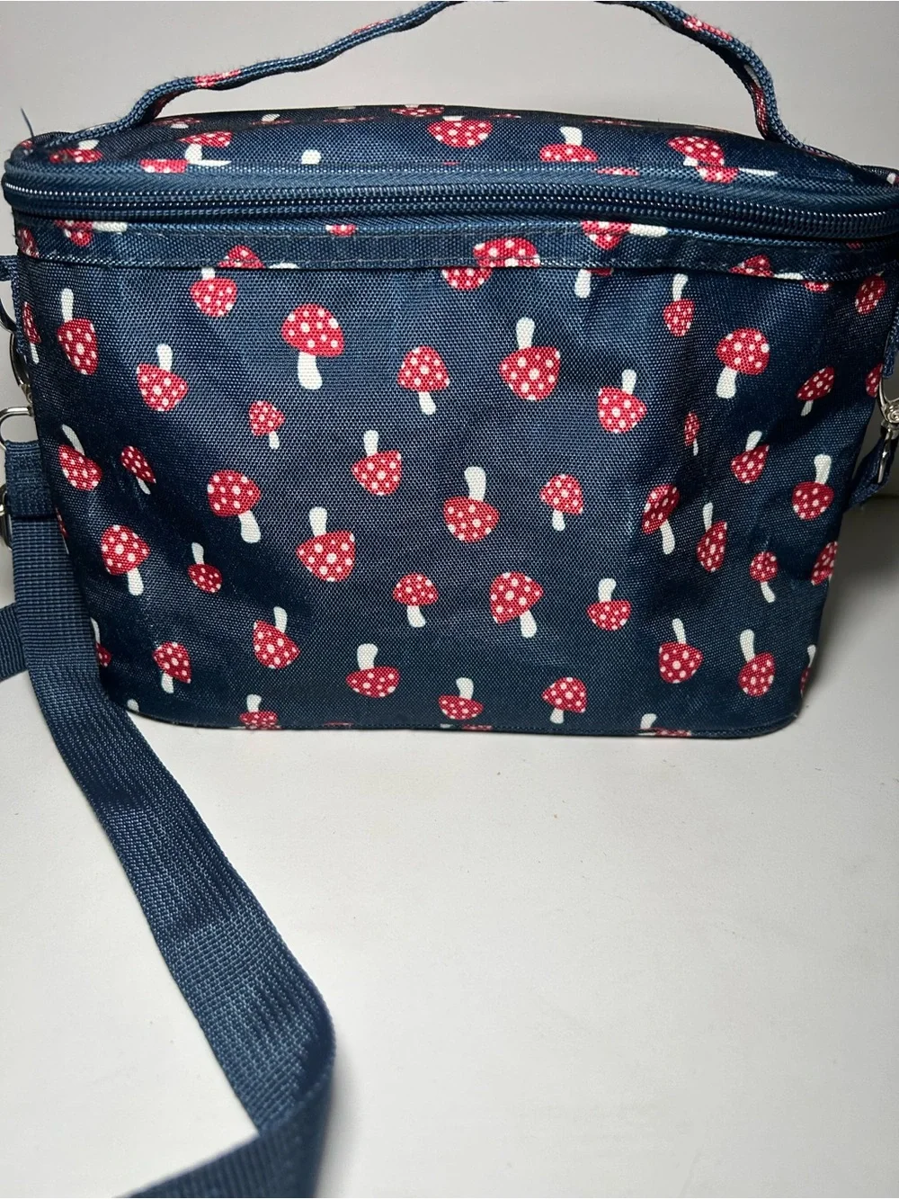 Navy Mushroom Print Insulated Crossbody Lunch Bag Casual Women's Shoulder Bag